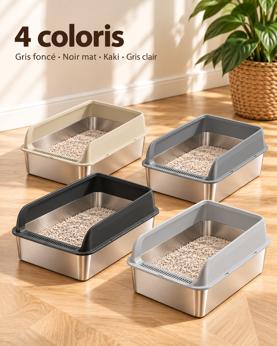 Le bac inox en 4 coloris : gris foncé, noir mat, kaki, gris clair