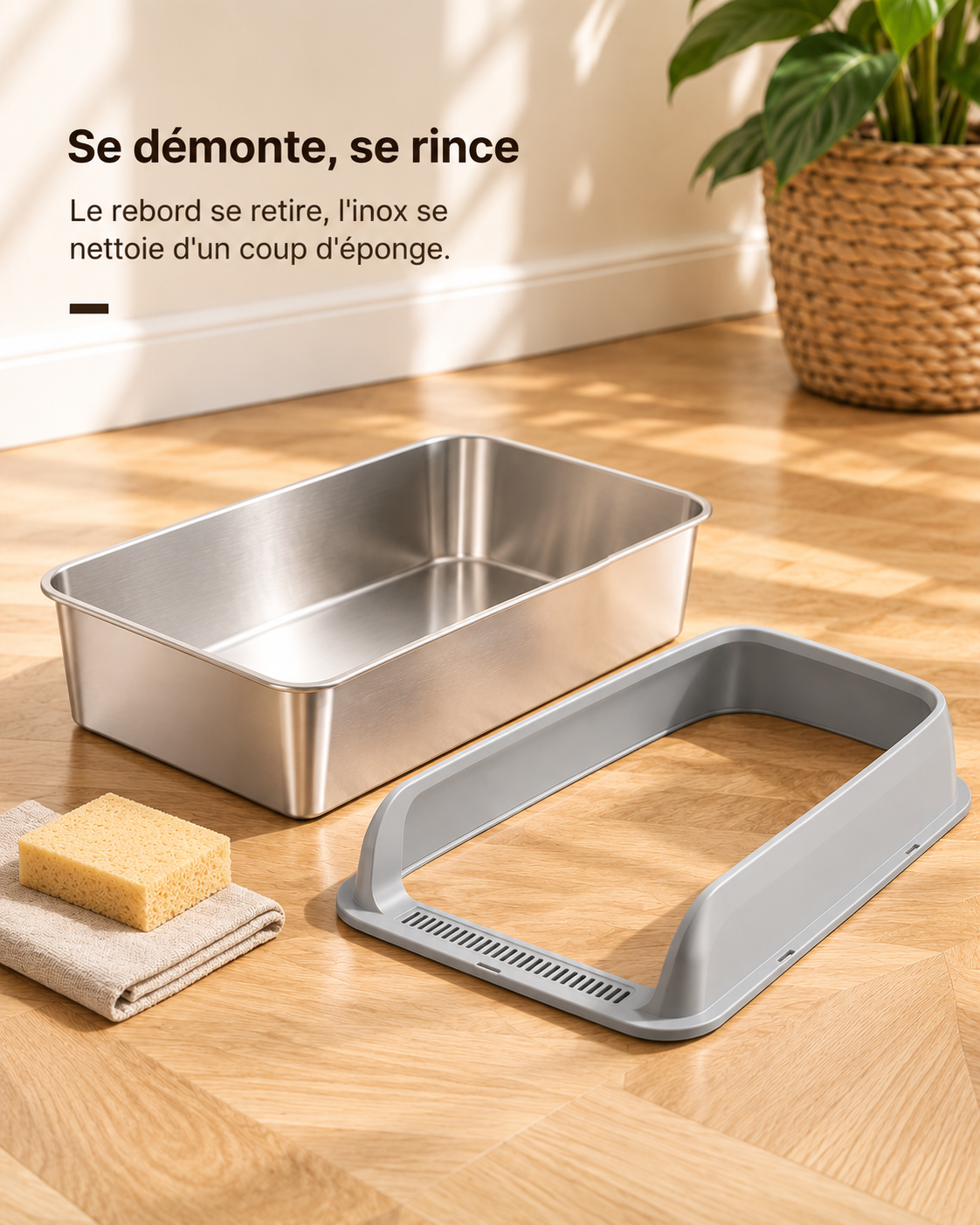 Rebord retiré et cuve inox vide, prête à être rincée