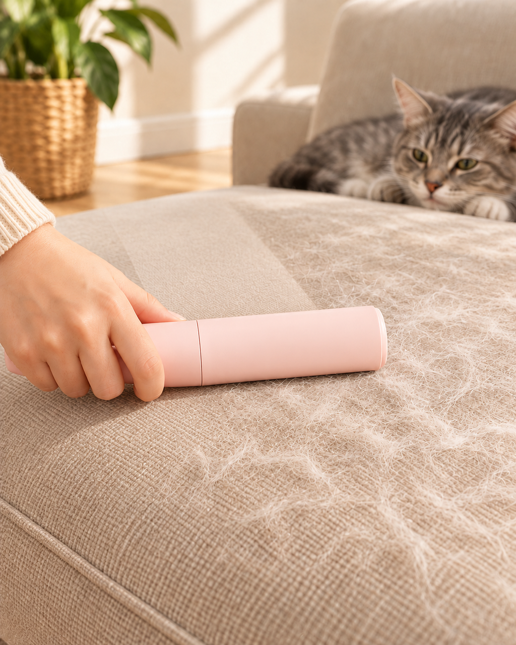 Brosse rose passée sur un coussin de canapé couvert de poils de chat