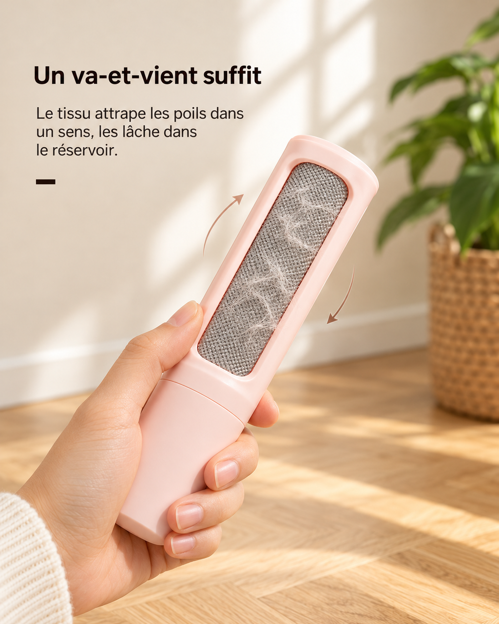Brosse tenue en main : un va-et-vient suffit à retirer les poils