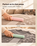 La brosse sur un canapé et sur un pull couverts de poils de chat