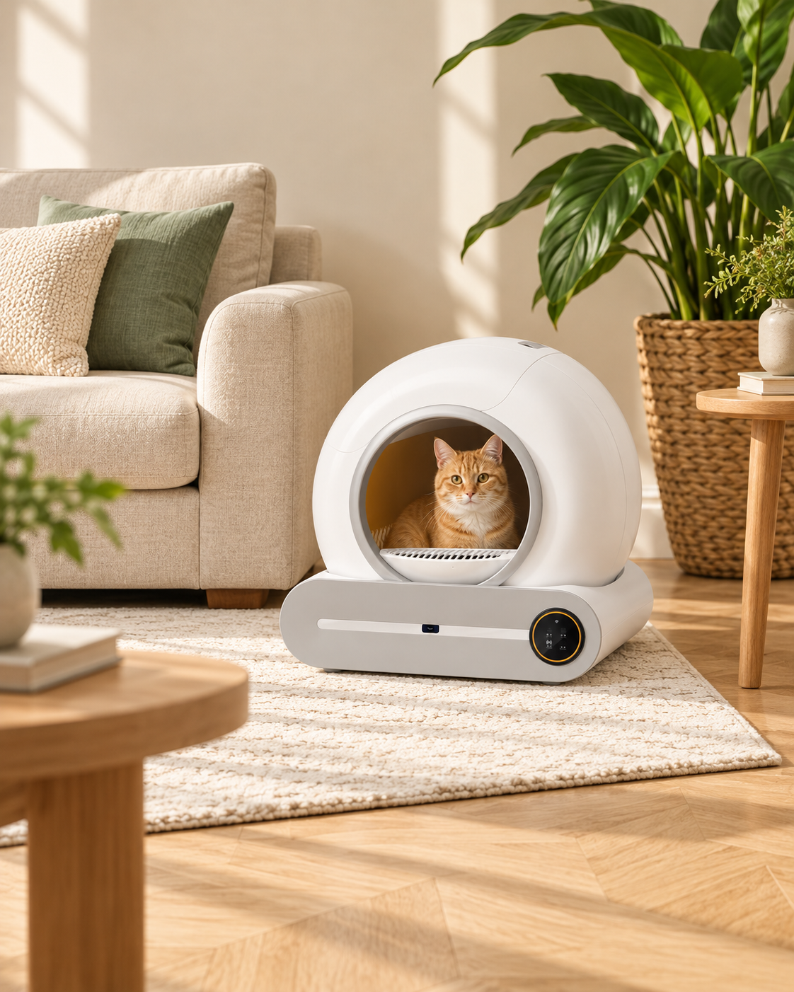 Litière automatique dans un salon, un chat roux installé à l'intérieur