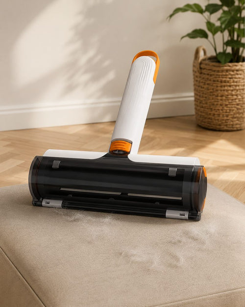 Rouleau anti-poils réutilisable avec bac collecteur transparent