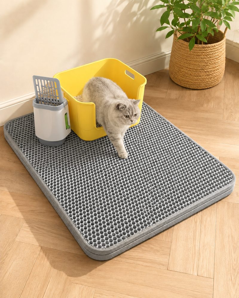 Chat sortant de son bac en marchant sur le tapis récupérateur