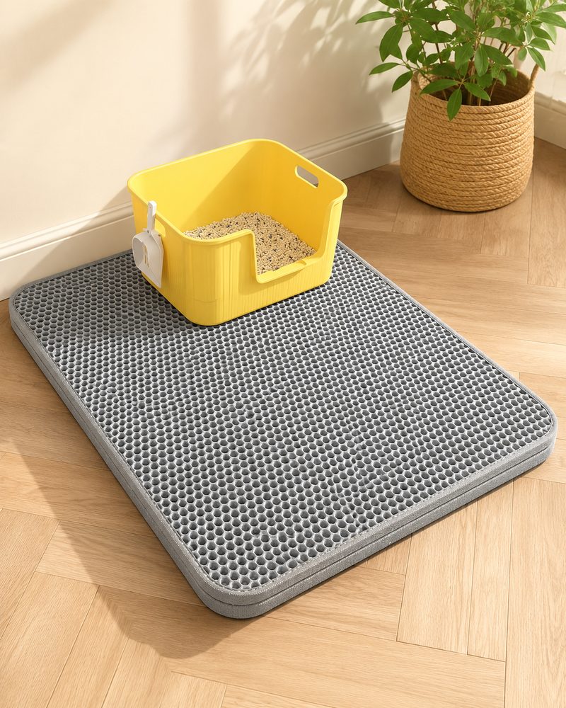 Tapis récupérateur de litière gris posé devant un bac à litière jaune