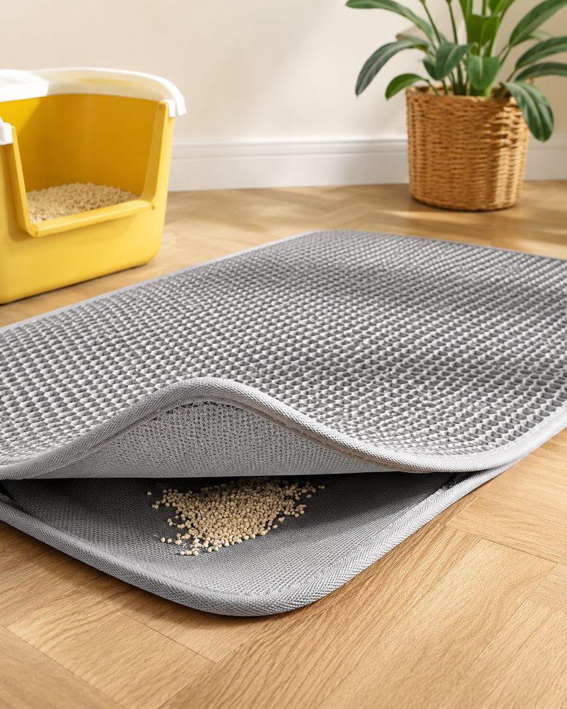 Tapis soulevé laissant voir les granulés piégés dans la double couche