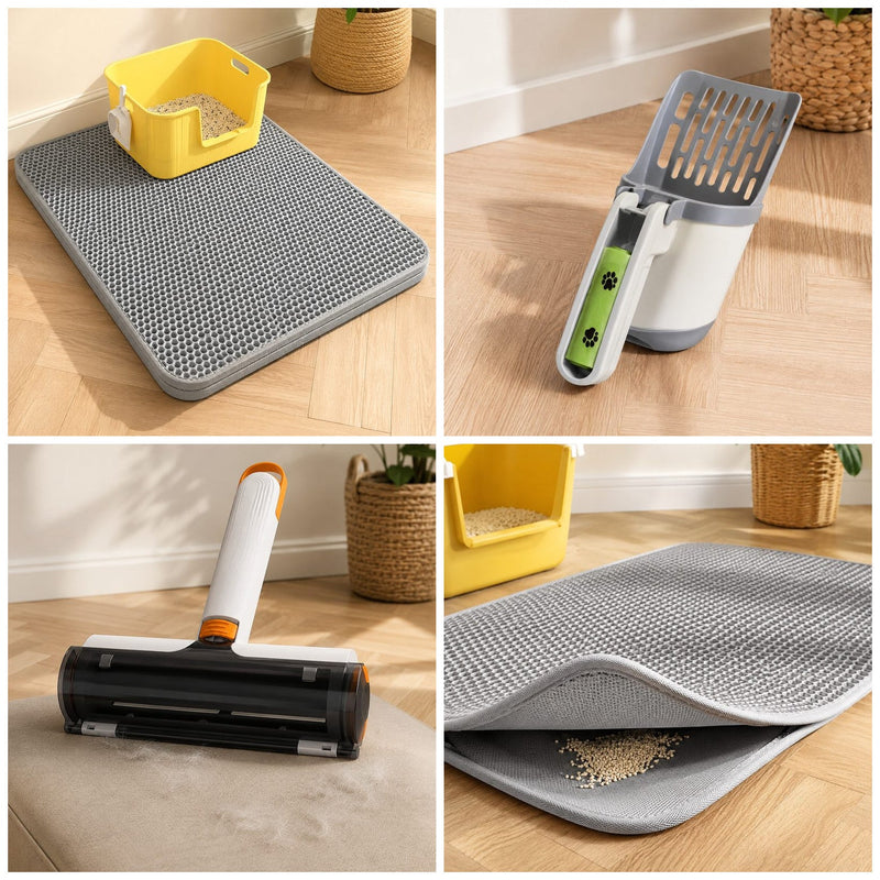 Le kit complet : tapis récupérateur, pelle à sacs intégrés et rouleau anti-poils