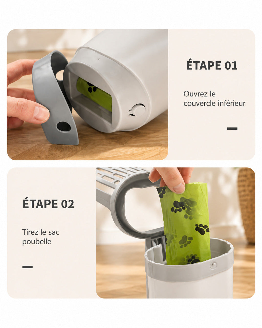 La pelle en deux étapes : ouvrir le couvercle, tirer le sac