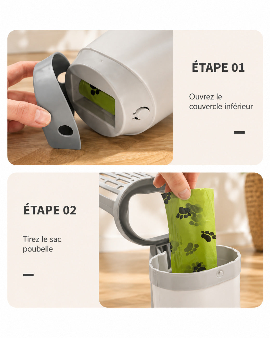 Deux étapes : ouvrir le couvercle inférieur, puis tirer le sac poubelle