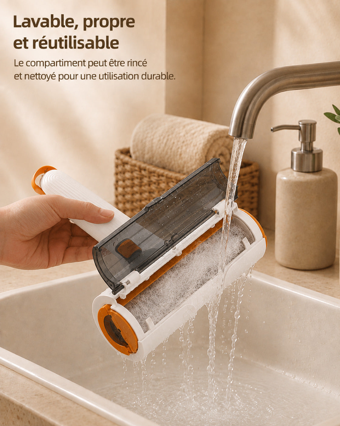 Compartiment rincé sous l'eau : lavable et réutilisable, sans recharge