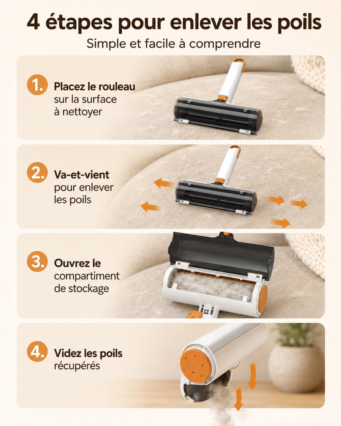 Quatre étapes : poser, faire un va-et-vient, ouvrir le compartiment, vider