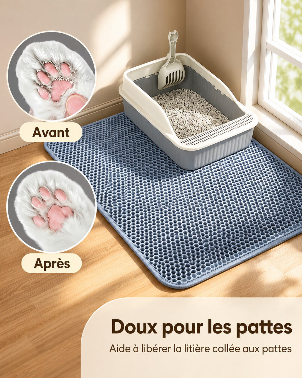 Doux pour les pattes : la litière collée aux coussinets est libérée au passage