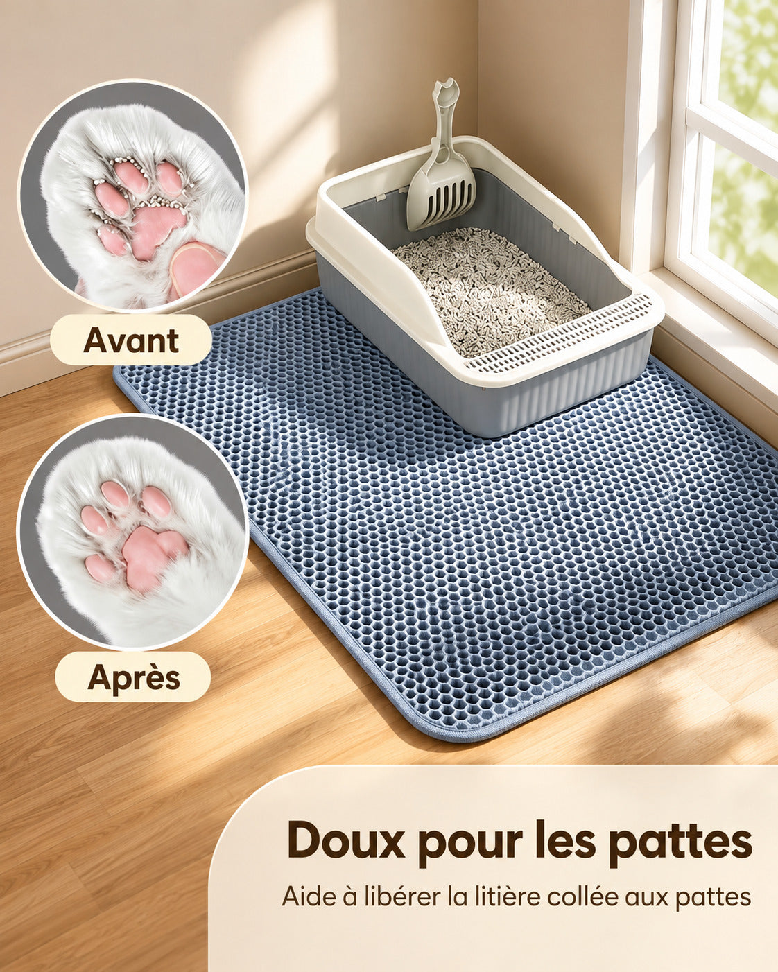 Doux pour les pattes : la litière collée aux coussinets est libérée au passage