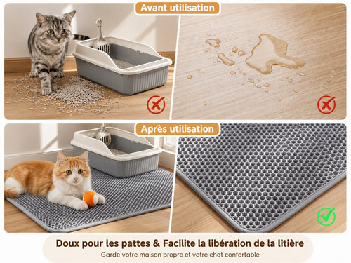 Avant et après : granulés répandus au sol contre sol propre avec le tapis