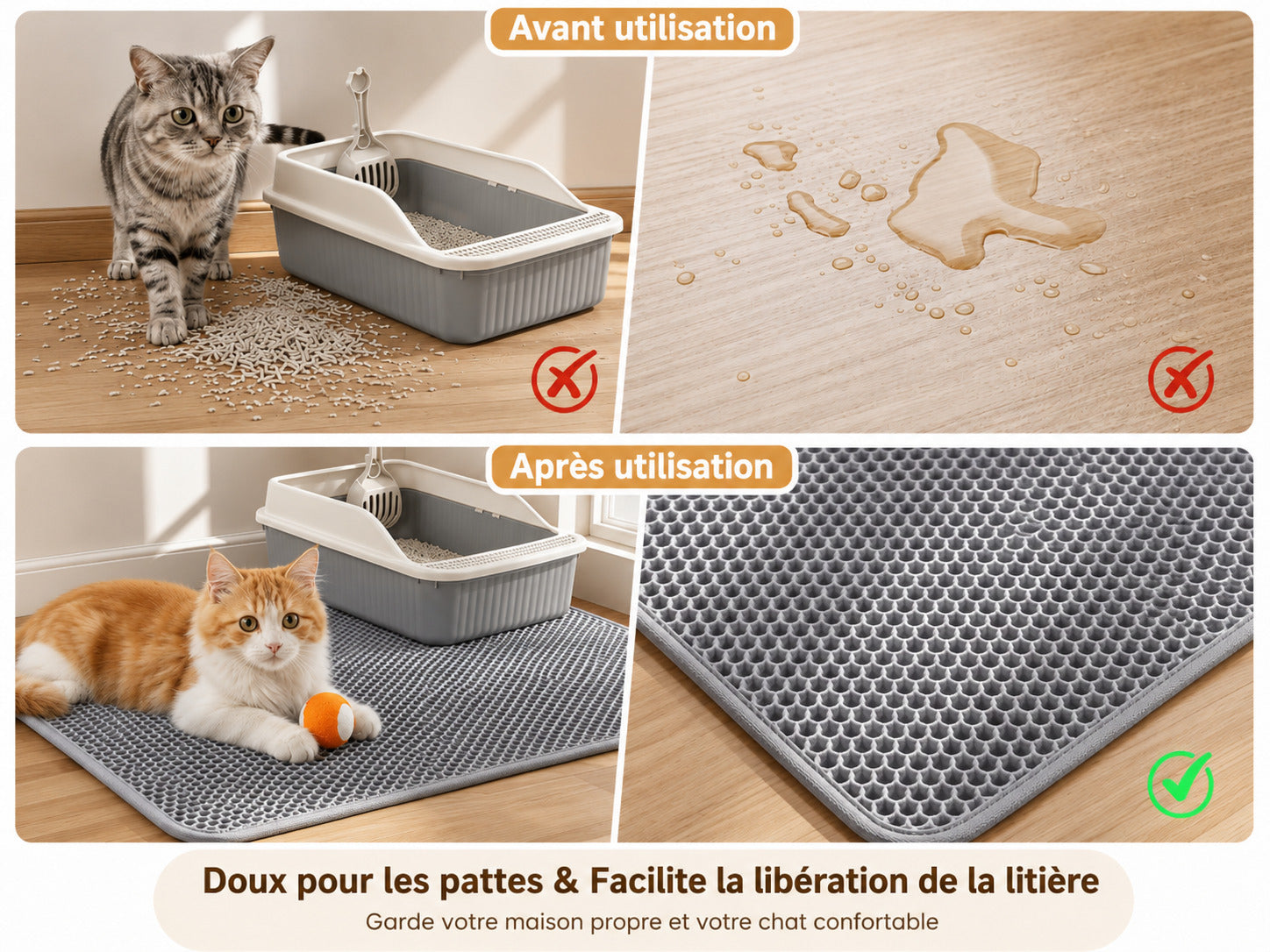 Avant et après utilisation : granulés répandus au sol contre sol propre avec le tapis